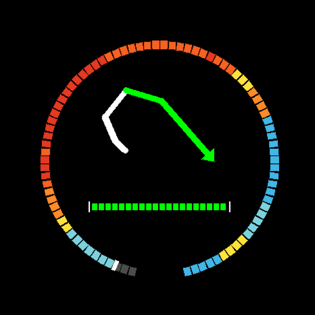 The same display a few metres from the turn, with the progress bar fully lit green