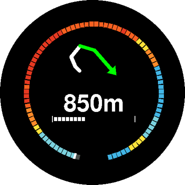 Round dash display: a white approach line bending into a green arrow, 850 m to the turn, a segmented progress bar, and a ring of coloured segments around the edge