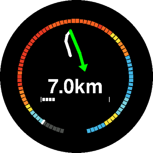 Dash display 7 km from the next turn, with the ridden part of the outer ring shown in grey
